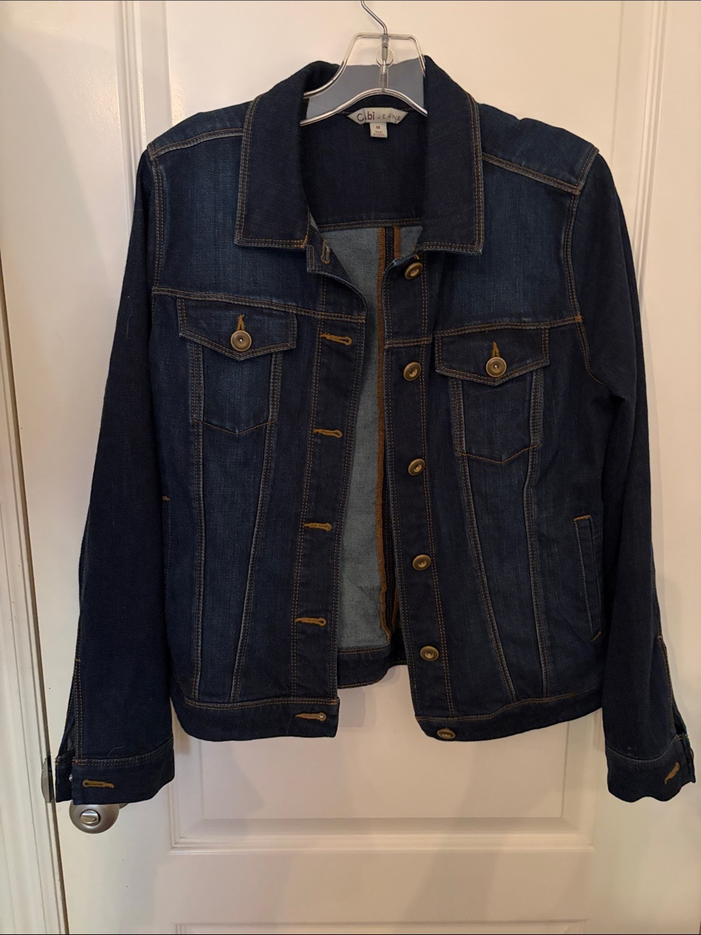 CAbi Norma Jean Dark Indigo Denim Jacket with Contrast Stitching-